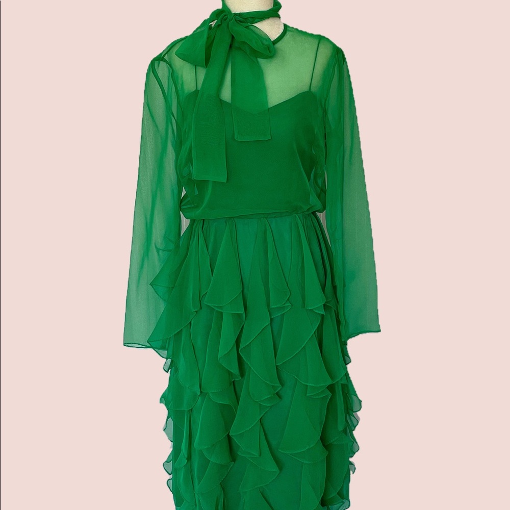 Grass Green Sheer Ruffled 1970s Cocktail Dress by Miss Elliette
